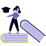 Leerling op boeken met afstudeerhoed symbool voor examentraining bij Klasroom