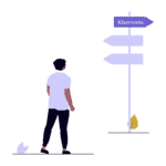 Illustratie van een leerling die richtingwijzer volgt naar brugklasvoorbereiding via Klasroom groep 8 training