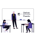 Illustratie van een begeleider en twee leerlingen bij het bord tijdens huiswerkbegeleiding bij Klasroom